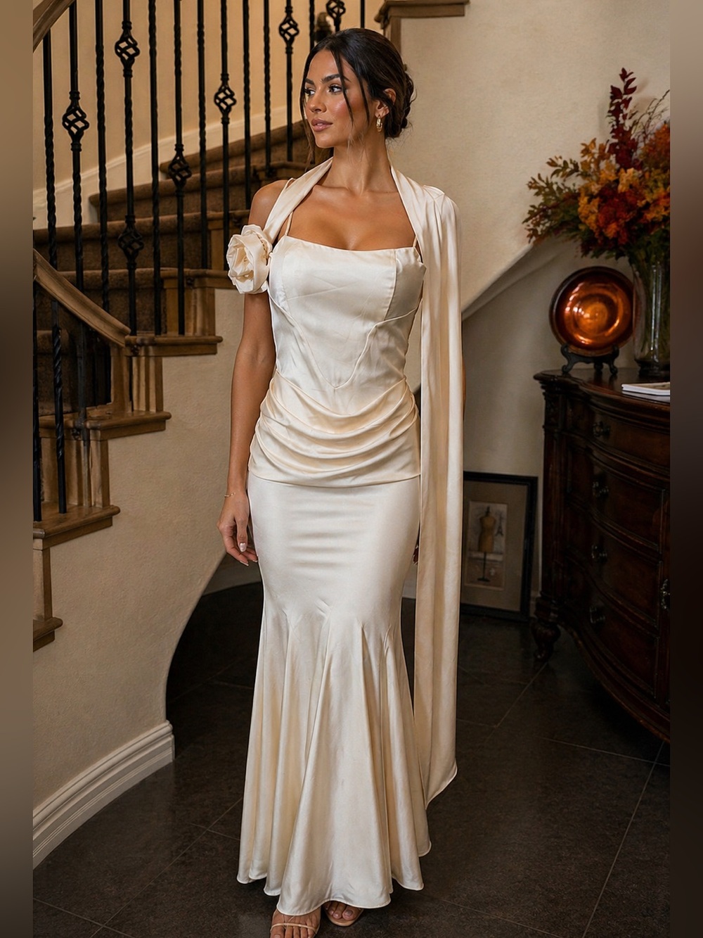 NWT LEAU Celine Corset Satin Gown Ivory Drape Scarf Maxi Dress Small